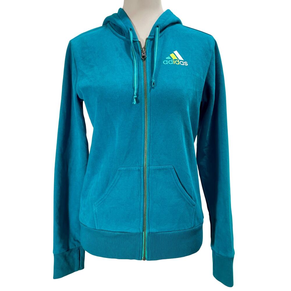 Adidas Women’s Teal Hooded Sweatshirt Full Zip Thumb Holes Logo Size Small